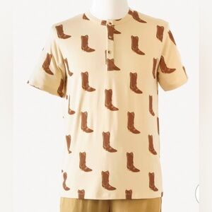M🤠 Kate Quinn Short Sleeve Western Cowboy Boot Henley Top Viscose Bamboo *NEW*